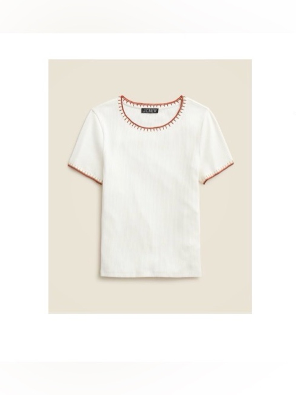 J. Crew Ivory Ribbed Short Sleeve Tee with Rust Contrast Stitching
